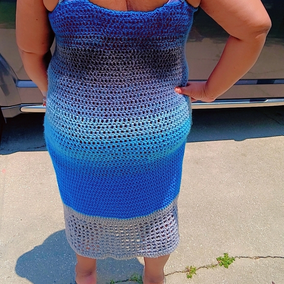 BLUEBERRY CROCHET MAXI DRESS W/ METALLIC SILVER MESH BOTTOM WITH ADDED PEARLS - Picture 4 of 6